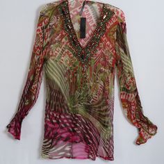 Nwt Kay Celine Multi-Color Beaded Viscose Semi-Sheer Peasant Blouse Size M. Bust Is 41" And Overall Length Is 30". 100% Viscose. Elaborate Beading And Sequins Around V-Neckline. Long Sleeves Are Elasticized At Wrists. Gorgeous Multi-Color Abstract Print. Semi-Sheer Style Looks Great Over Anything From A Turtleneck To A Cami! Can Be Worn As A Beach Cover-Up. Has Subtle Elasticized Rear Center Panel For Added Definition. New With Tags. Bohemian Style Multicolor Blouse For Party, Bohemian Multicolor Party Blouse, Bohemian Style Multicolor Party Blouse, Pink Bohemian Blouse For Party, Bohemian Embellished V-neck Blouse, Elegant Embellished Multicolor Blouse, Spring Beaded Multicolor Tops, Embellished Multicolor V-neck Tops, Summer Bohemian Embellished Blouse