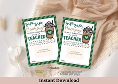 two printable teacher appreciation cards for teachers to use on their desks or in the classroom