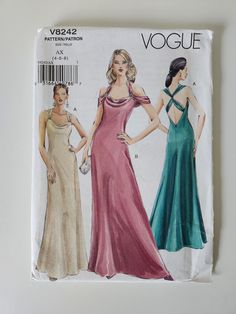 two women's evening gowns and one woman's evening dress sewing pattern