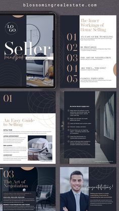 the brochure is designed to look like it has an elegant black and gold design