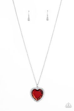 Bordered in glassy white rhinestones, an oversized red heart gem sparkles from the bottom of an extended silver chain for a flirty finish. Features an adjustable clasp closure. Sold as one individual necklace. Includes one pair of matching earrings. Fashion Paparazzi, Sparkly Fashion, Heart Gem, Red Heart Necklace, Unicorn Necklace, Feeling Pretty, Red Necklace, Paparazzi Accessories, White Rhinestone