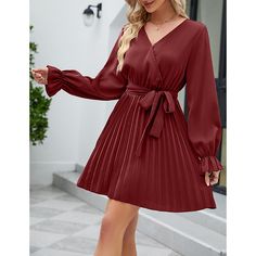 Burgundy V Neck Long Sleeve Pleated Mini Dress with Belt Fall V-neck Pleated Mini Dress, Fall Pleated V-neck Mini Dress, Pleated V-neck Mini Dress For Fall, Mini Dress Elegant, Fashion Office, Pleated Mini Dress, Elegant Casual, Dress With Belt, Short Mini Dress