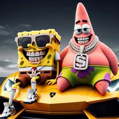 two cartoon characters sitting on top of a yellow car