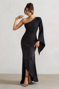 Salem Black Asymmetric Cape-Sleeve Maxi Dress With Satin Skirt – Club L London - USA Club L London, Black Dress Prom, Black Tie Gala, Party Dress Long Sleeve, Asymmetric Neckline, Cape Sleeves, Black Sequin Dress, Black Velvet Dress, Black Tie Event