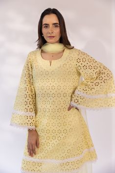 Featuring a butter yellow kurta set in cotton schiffli base detailed with laces. It is paired with matching pants and solid dupatta. Color: BUTTER YELLOW FABRIC: COTTON SCHIFFLI Delivery time 15 to 20 days Yellow Long Sleeve Anarkali Set For Spring, Yellow Long Sleeve Anarkali Set With Chikankari Embroidery, Yellow Anarkali Set For Spring, Pista Green Cotton Dupatta For Spring, Spring Cotton Sharara With Straight Kurta, Yellow Anarkali Palazzo Set For Spring, Yellow Chikankari Embroidery Sets For Summer, Pista Green Palazzo Set With Chikankari Embroidery For Spring, Spring Cotton Salwar Kameez In Pista Green