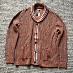 Nwt Mens Shawl Collar Cardigan Sweater. Camel With Cream Stripes. Front Botton Closure With Front Pockets. Brown Cotton Sweater With Button Closure, Classic Brown Cotton Cardigan, Brown Cotton Cardigan With Button Closure, Casual Brown Cotton Cardigan, Mens Shawl Collar Cardigan, Mens Shawl, Grandpa Cardigan, Navy Cardigan, Shawl Collar Cardigan