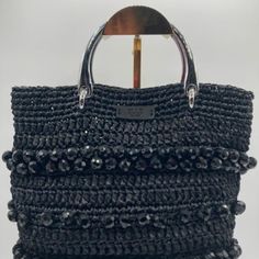 Elle Raffia Crochet Black Beads Handbag Handmade Black Silver-Tone Hardware 11"W 8"H 3"D Interior 100% Linen Only One Available Made In Usa Black Tote Straw Bag For Evening, Everyday Beaded Crochet Tote Bag, Black Top Handle Straw Bag For Evening, Luxury Black Crochet Bag With Braided Handles, Black Luxury Crochet Bag With Braided Handles, Luxury Black Crochet Bag With Top Handle, Luxury Black Crochet Tote Bag, Luxury Black Crochet Bag For Daily Use, Luxury Black Crochet Top Handle Bag