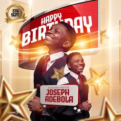 a happy birthday card for joseph adebola and his son, who is holding a sign that says happy birthday