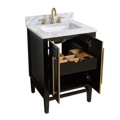 a bathroom vanity with marble top and gold faucet