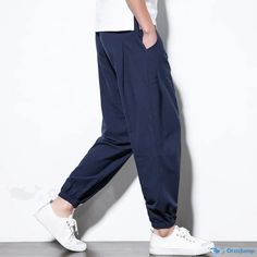 OrcaJump - Cotton and Linen Casual Trousers: Retro and Fashionable Elasticized Cuffed Pants Casual Ankle-length Harem Pants, Casual Loose Fit Ankle-length Harem Pants, Casual Harem Pants With Relaxed Fit, Ankle-length, Casual Solid Ankle-length Harem Pants, Casual Stretch Harem Pants With Side Pockets, Casual Stretch Ankle-length Pants, Casual Ankle-length Harem Pants With Elastic Waistband, Casual Ankle-length Bottoms With Pockets, Leisure Ankle-length Harem Pants With Pockets