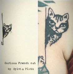 a cat tattoo on the left side of a woman's upper arm and chest