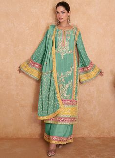 Sea Green Multi Embroidered Wedding Palazzo Suit Wedding Salwar Kameez, Embroidery Dupatta, Palazzo Suit, Salwar Kameez Online, Party Kleidung, Salwar Kameez Designs, Embroidered Wedding, Pakistani Suits, Baddie Quotes