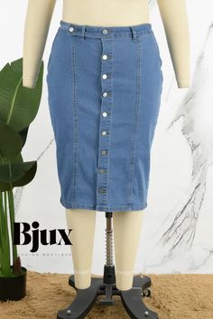 Bjux - Professional Navy Blue Solid Patchwork Button-Up Plus Size Denim Skirt with High Waist Plus Size Denim Skirt, High Waist Denim Skirt, Patchwork Denim Skirt, High Waisted Denim Skirt, Plus Size Denim, High Waist Denim, Denim Patchwork, Blue Solid, Patchwork Designs