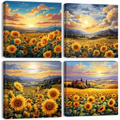 three paintings of sunflowers in the field