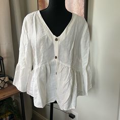 Nwot Loft Peplum Top Or Jacket, Sz Medium. Off-White In Color, Linen Material. Casual White Outerwear With Ruffles, Casual White Bell Sleeve Tops, White Bell Sleeve Top With Ruffles, Chic White Bell Sleeve Top, White Cotton Bell Sleeve Top, White Button Blouse For Brunch, White Bell Sleeve Blouse For Brunch, White V-neck Outerwear For Day Out, White Button-up Top For Brunch