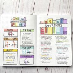 an open notebook with colorful notes on it and the words work notes written in different colors