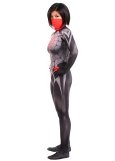 a woman wearing a spider suit and red mask