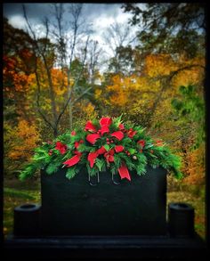 a black box with red and green flowers on it in front of some fall trees