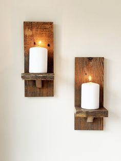 Farmhouse Candle Sconces (Set of 2) with Reclaimed Wood. Candle included. Candle Sconces Decor Ideas, Barnwood Bench, Rustic Wood Candle Holders, Wooden Sconces, Farmhouse Shutters, Farmhouse Candle, Arty Ideas, Wooden Ideas, Diy Summer Crafts