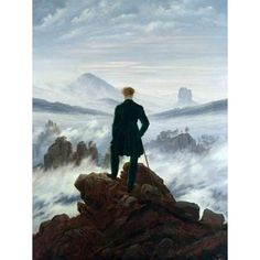 a painting of a man standing on top of a mountain looking out over the clouds