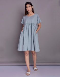 Empire waist linen dress, Summer dress, Short sleeved dress, Knee length Linen dress with pockets -  Custom made by Modernmoveboutique>DESCRIPTION<- loose and roomy- made from Linen blend. The fabric is of medium weight (185 g).- the model is 172 cm high (regular XS - S) and is wearing size S. - color in the picture - LIGHT GREY - (Please choose colors from drop down menu).>FIT<- The dress is a bit loose and roomy.>COLOR<- The dress is available in 25 colors.- We found out the Empire Waist Dress Casual, Summer Dress Short, Full Sleeves Dress, Linen Dress Summer, Casual Linen Pants, Short Sleeved Dress, Dress Knee Length, Short Summer Dresses, Linen Casual