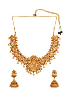 Gold-Toned & Plated Temple Choker Jewellery SetSecured with a drawstring closureA pair of gold-toned & plated jhumkas, has post and back closure Necklace Length - 22 cms, Earrings Length - 4 cms Material: BrassPlating: Gold-platedStone type: Pearls Care Instructions: Wipe your jewellery with a soft cloth after every use Always store your jewellery in a flat box to avoid accidental scratches Keep sprays and perfumes away from your jewellery Do not soak your jewellery in water Clean your jewellery Luxury Temple Jewelry Choker For Festive Occasions, Luxury Gold Temple Necklace For Party, Luxury 22k Gold Temple Necklace For Festivals, Luxury Gold Temple Jewelry Earrings, Luxury Festive Temple Necklace With Elegant Design, Luxury Intricate Design Temple Necklace In Yellow Gold, Cheap Temple Jewelry Necklaces For Diwali, Luxury Temple Jewelry Sets As Gifts, Luxury Fusion Style Temple Necklace With Intricate Design