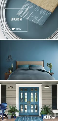 blue paint is being applied on the walls and ceiling in this bedroom, along with an image of a bed