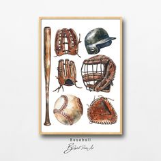 a watercolor painting of baseball equipment on a white background with the words base ball written below it