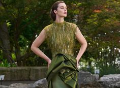 Fringe sequin satin gown with draped skirt and rosette embellishment Green Formal Dresses, Draped Skirt, Satin Gown, Sequin, Satin, Couture, Formal Dresses, Skirt, Green