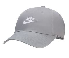 65% polyester and 35% cotton fabric upper, Adjustable back strap for a secure fit, Sweatband for added comfort, Curved bill cap design,2 1/2 inch bill, Nike branding details, One size fits most | Nike US Futura Washed Baseball Cap in Grey/White Size M/L Casual Breathable Hat For Spring, Casual Nike Breathable Hat, Gray Hat For Summer Sports, Nike Casual Baseball Cap Breathable, Nike Sporty Breathable Hats, Sports Hats With Curved Bill For Spring, Sports Hat With Curved Bill For Spring, Curved Bill Sports Hats For Spring, Sporty Hats With Curved Visor For Spring