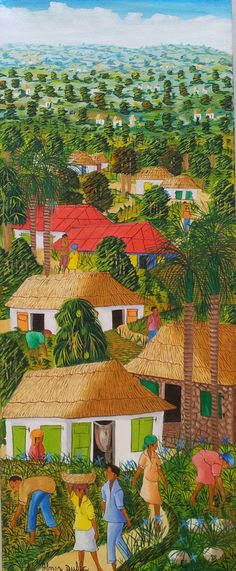 a painting of people walking in front of houses and palm trees on a sunny day