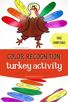 a turkey activity for kids to color and write the words in front of it with colorful feathers