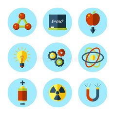 flat icons with different types of science and technology on blue circles, including an apple, microscope