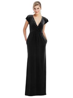 Flutter Sleeve Wrap Bodice Velvet Maxi Bridesmaid Dress With Pockets | The Dessy Group Chic Velvet V-neck Cocktail Dress, Fitted Velvet V-neck Maxi Dress, Velvet V-neck Dress For Date Night, Velvet V-neck Dress For Night Out, Chic Velvet V-neck Dress, Velvet Maxi Cocktail Dress, V-neck Velvet Dress, Velvet V-neck Evening Dress For Gala, Elegant Velvet V-neck Dress For Night Out