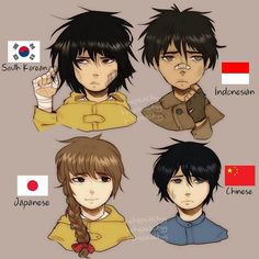 four anime characters with different hair styles and colors, one is black, the other has brown