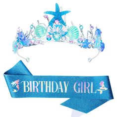 a tiara that says birthday girl with mermaids and seashells on it