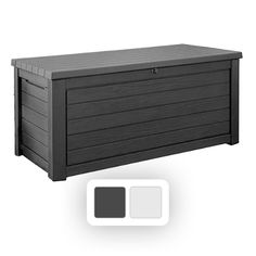 an outdoor storage box with the lid open and two different color options for each item