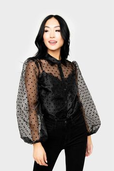 Megan Sheer Sleeve Pin Dot Blouson Sleeve Top – Gibsonlook Goth Glam, Blouson Sleeve, Sheer Top, Sheer Sleeves, Fashion Tops, Simple Outfits, Sleeve Top, Fashion Inspo, Dry Clean