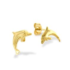 14K Yellow Gold Dolphin Stud Earrings. The earrings measure approximately 3/8". Classic Yellow Gold Plug Earrings For Pierced Ears, Tarnish-resistant Yellow Gold Plated Earrings, Classic 14k Yellow Gold Earrings, Fine Jewelry Yellow Gold-plated Earrings, Yellow Gold Earrings With Polished Finish For Gift, Yellow Gold Plated Earrings For Pierced Ears, Hypoallergenic Yellow Gold Sterling Silver Earrings, Gold Earrings Stamped 14k Fine Jewelry, Non-tarnishing 14k Gold Earrings