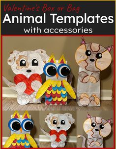 paper bag animal templates with accessories for valentine's day