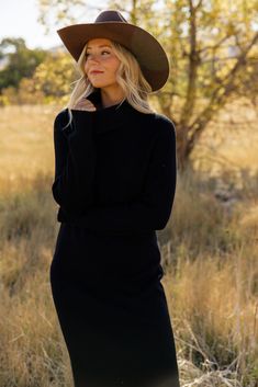 A classic black turtleneck sweater dress never goes out of style. The Love of My Life features cozy sweater material and the perfect modest length. Pair with sneakers, boots, and your favorite wide brim hat. // paired with the teddy cattleman hat in saddlebrown Cattleman Hat, Black Turtleneck Sweater Dress, Black Turtleneck Sweater, Turtleneck Sweater Dress, Saddle Brown, Black Turtleneck, Sweater Material, Cozy Sweater, Wide Brimmed Hats