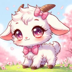 a cute little goat with big eyes and a pink bow on it's head