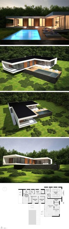 three different views of a house in the middle of some grass and trees, with two pools