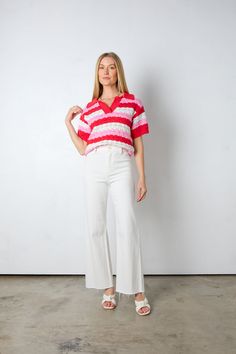 reds striped top Pink Short Sleeve Cotton Knit Top, Trendy Pink Short Sleeve Knit Top, Pink Short Sleeve Top With Striped Collar, Spring Striped Short Sleeve Knit Top, Striped V-neck Knit Top For Spring, Striped Short Sleeve Knit Top For Spring, Striped Knit Tops With Short Sleeves, Trendy Striped Cotton Knit Top, Pink Short Sleeve Knit Top For Spring