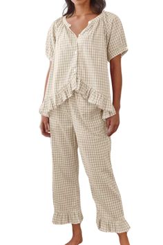 PRICES MAY VARY. ♥Material:This gingham lounge set is made of high-quality fabric. It is soft, skin-friendly, and stretchy. Y2K plaid pajama set is relaxed fit and comfortable to wear ♥Features:Women 2 piece loungewear set, cute and classic plaid pattern, button down shirt with short sleeve,chic ruffle hem,v-neck, cropped length, matching with high wiast wide leg lounge pants, two piece gingham set for women. ♥Versatile Occasions:Women ruffle pajama set, cute pajamas perfect for daily casual, nightwear, sleepwear, homewear, loungewear, dating, photo shoot, holiday, vacation outfits, honeymoon, picnic, weekend, Valentine’s Day, etc. ♥Style:Plaid 2 piece pajama set, girly pajams, short sleeve two piece pjs, ruffle trim pajama set, plaid lounge set,cute fall lounge sets for women,checked paja Getting Ready Wedding Pajamas, Gingham Two Piece Outfit, Cottage Core Pajamas, Amazon Pajama Sets, Plus Size Pajamas For Women, Grace And Frankie Wardrobe, Elevated Mom Style, Sew Pajamas, Pajama Sewing Pattern