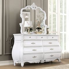 Valentini White Dresser - Ornate Home Princess Furniture, White Queen Bed, Princess Bedrooms, Princess Bedroom, White Dresser, Bedroom Sets Queen, White Chests, White Mirror, White Nightstand