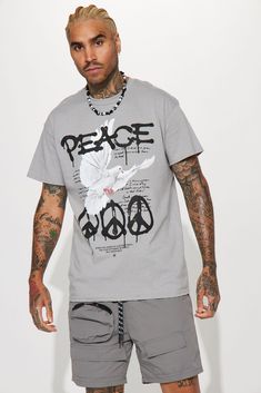 Available In Grey. Crew Neck Short Sleeve Screen Print Disclaimer: Due To The Printing Process A Difference In Saturation May Occur. Each Garment Is Unique. Print Placement Will Vary. 100% Cotton Imported | Mens The Power Of Peace Short Sleeve Tee Shirt in Grey size Small by Fashion Nova Glam Closet, High Waisted Dress Pants, 1 Piece Swimsuit, Men Clothes, Print Placement, City Design, Cargo Jeans, White Midi Dress, Mens Activewear