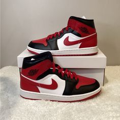 New Air Jordan 1 Mid Alternate Bred Toe Size Women 8.5 Color Black, Gym Red White Leather Upper, White Quarter Panels, Black Forefoot Overlays, Gym Red Swoosh, Rubber Outsole Brand New, Never Worn, With Original Box 100% Authentic Black And Red Nike Shoes Air Jordans, Red Jordan 1 Women, Nike Jordan Air 1 Red, Nike Air Jordan Bred Toe, Jordans Red And White, Red Jordan Aesthetic, Air Jordans 1 Red, Red And White Nike Shoes, University Red Leather Lace-up Jordan Shoes