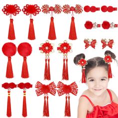 PRICES MAY VARY. Package Includes - 9 pairs of Chinese style red hair clips in different styles. The bright red color is full of Chinese New Year festive atmosphere, cute and charming, enough for your child to use and replace on a daily basis. Chinese New Year - These Chinese style hair clips for little girls have a variety of impressive and classic elements such as furry balls, porcelain floral patterns, cheongsam, Chinese knots and more, full of Chinese New Year atmosphere. Easy To Match - The Butterfly Hair Pins, New Year Hair, Chinese Style Hair, Chinese Knots, Red Hair Clips, Festival Hair Accessories, New Year Hairstyle, Ball Hairstyles, Festival Accessories