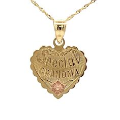 "14k Yellow Gold Special Grandma Heart Pendant /Charm with Rose Gold Flower - 17.5\"- Vintage- ET1919 Show your grandmother how much you love her with this lovely heart shaped floral \"special grandma\" pendant necklace! Metal Content: Solid 14K Gold Chain: 17.5\" twisted rope chain; 1mm thick Pendant Measurements Length including bail:  7/8\" (22mm) Width:  5/16\" (8mm) Bail opening: 5mm x 4mm Weight: 2.49 Grams Stamps: 14k KC Condition:  Excellent Pre-Owned  Each piece is thoroughly examined and refinished as needed by our professional jewelers, tested to guarantee metal content,  graded by our in-house GIA (Gemological Institute of America) Graduate Gemologist, and inspected for quality before being carefully packaged and promptly shipped. Thank you for taking the time to shop with us! Personalized Necklaces For Valentine's Day, Elegant Necklace For Valentine's Day Special Occasion, Elegant Necklace For Valentine's Day, Double Heart 14k Stamped Necklaces For Anniversary, Heirloom Necklace With Heart Charm For Anniversary, 14k Rose Gold Heart Necklace For Mother's Day, Heirloom 14k Gold Stamped Heart Necklace, Heirloom Heart Necklace Stamped 14k, Heirloom 14k Stamped Heart Necklace